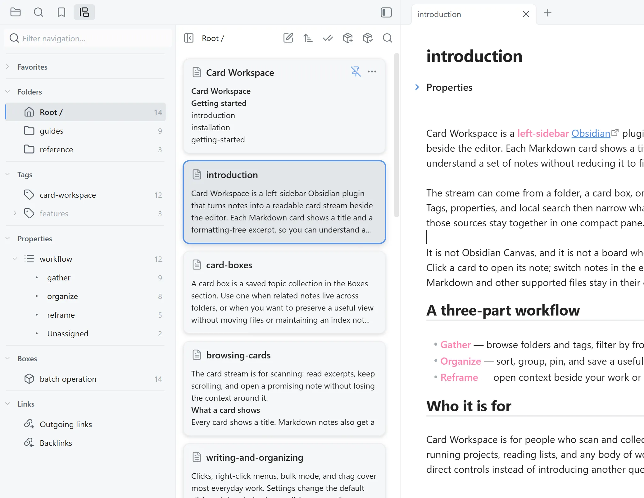 Card Workspace in Obsidian: folders, tags, properties, card boxes, and links sit beside a stream of excerpt-rich note cards, with the selected card open in the editor.
