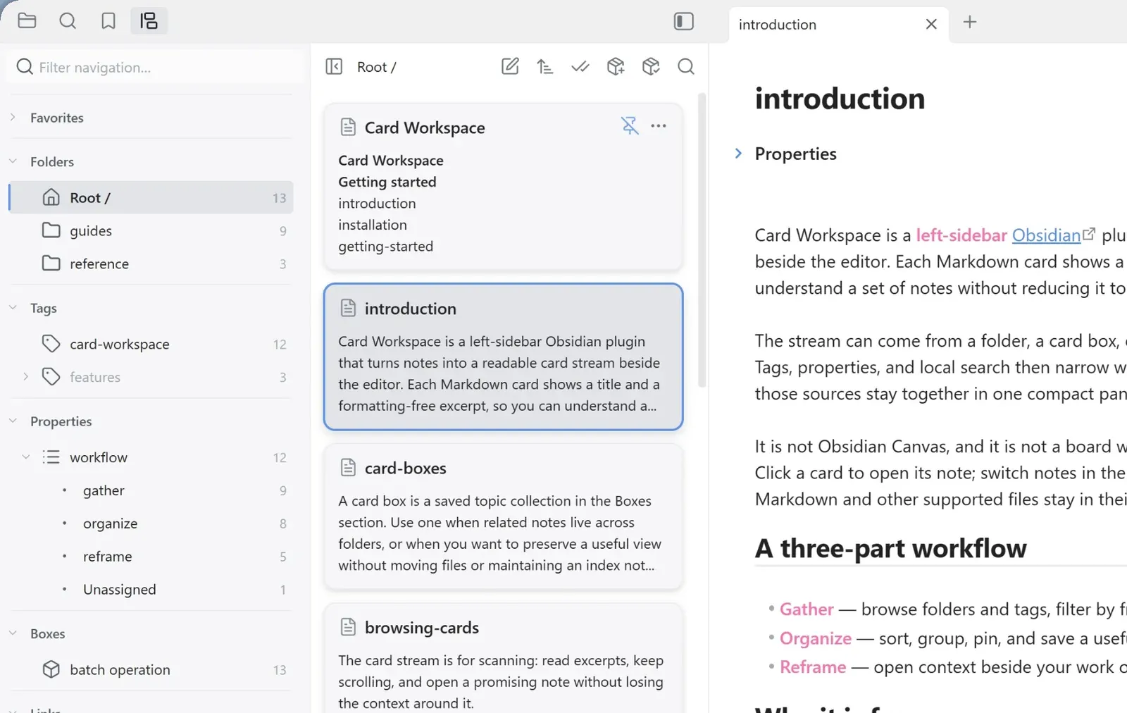 The Properties navigation section with the workflow property expanded beside the card stream.
